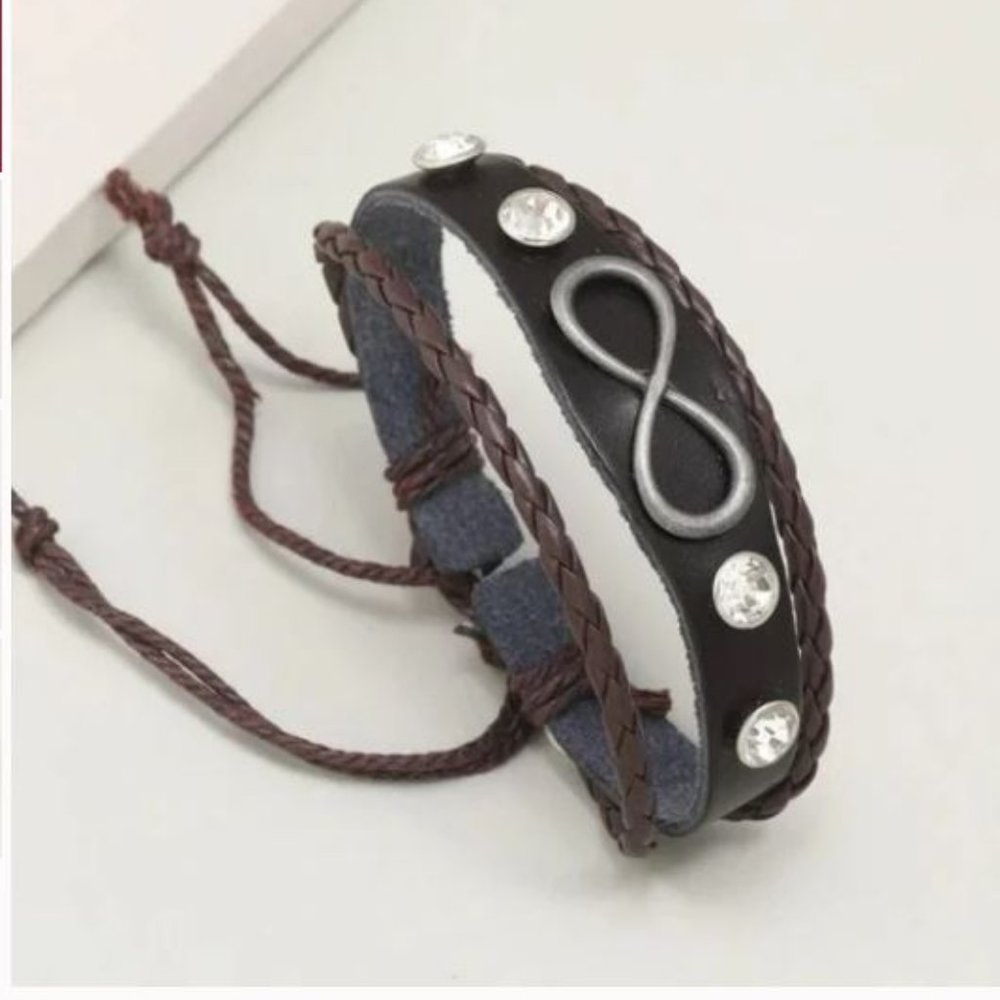 Adjustable Leather Silver Infinity Bracelet